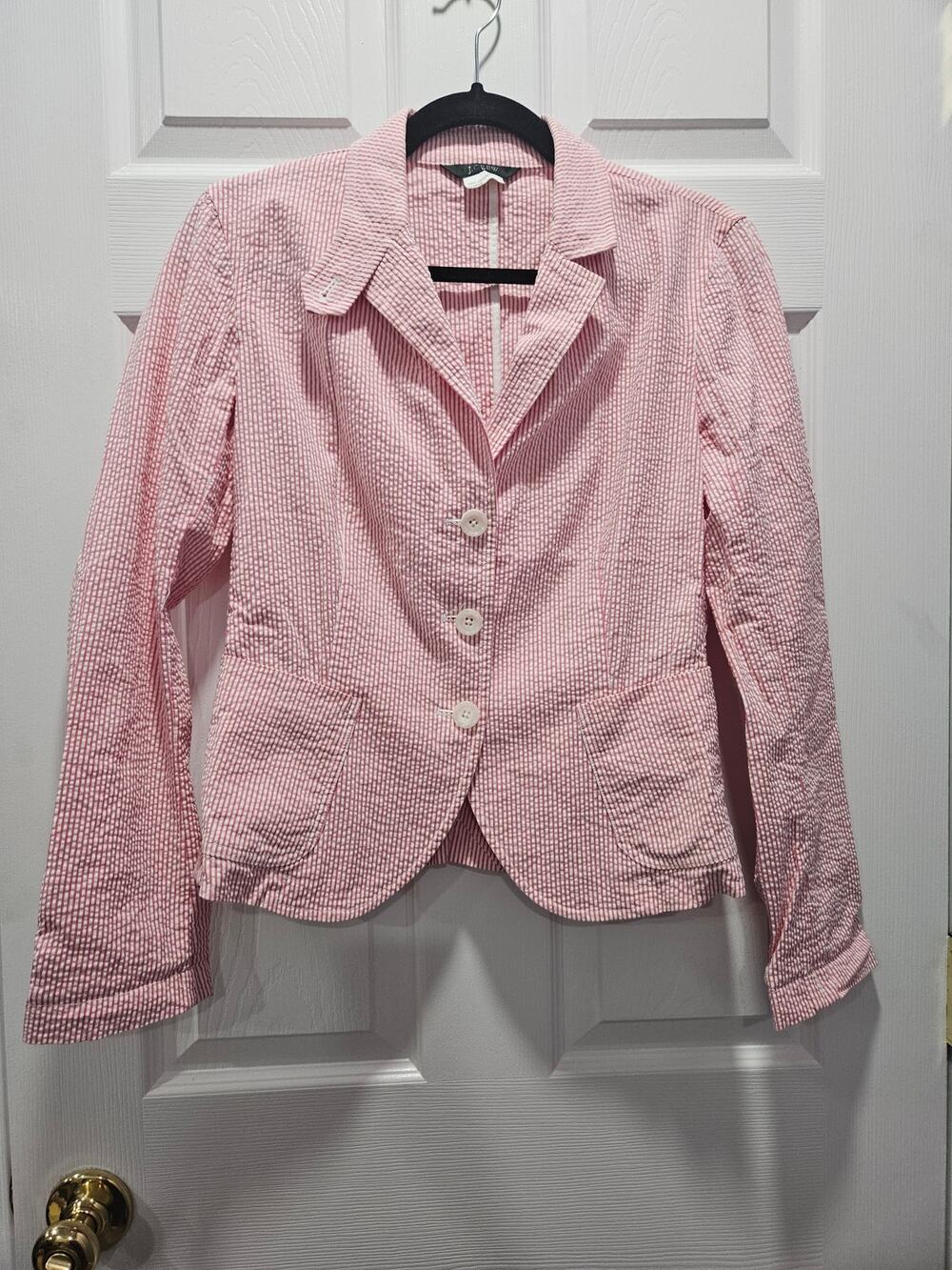 J.Crew Pink White Seersucker Blazer Jacket Sample Size 4 Cotton Preppy Career - Picture 1 of 7